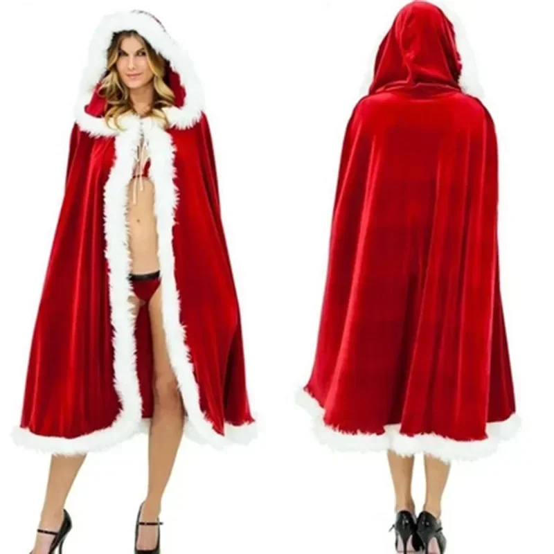 5-formaat Kerst Rode Mantel Kostuums Capuchon Halloween Cosplay Kostuum Partij Losse Lange Stijl Winter Festival Winddicht Volwassen Dame