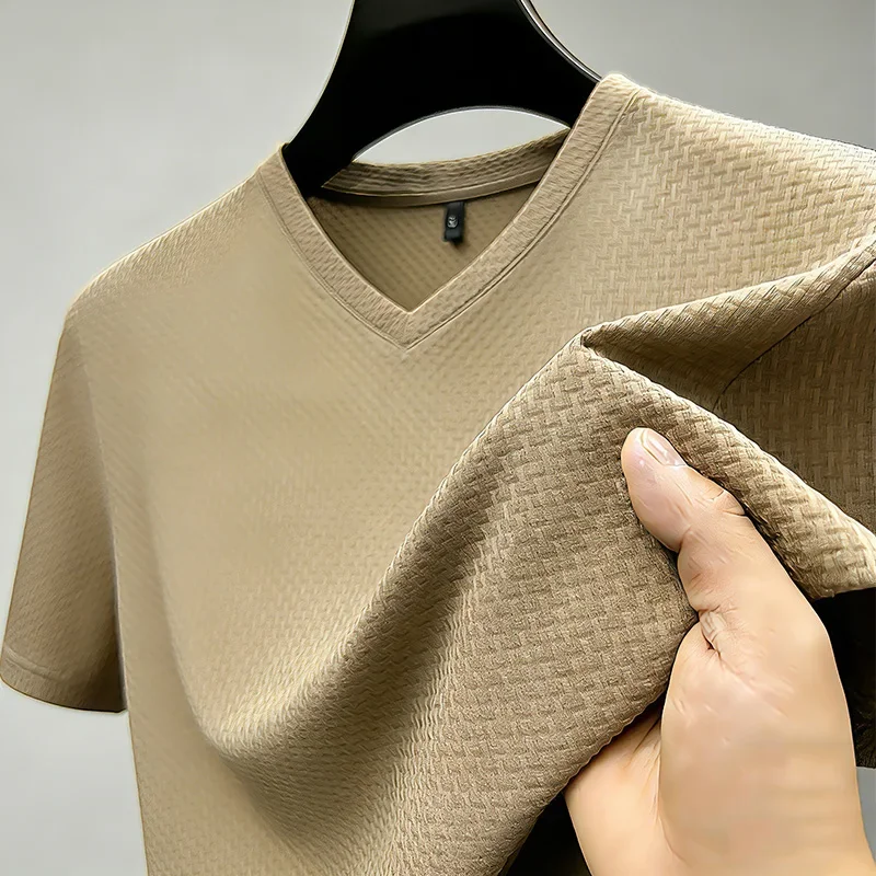 Men's Casual Ice Silk V Neck T-Shirt Short Sleeve Waffle Knit 2026 New Arrival image 2