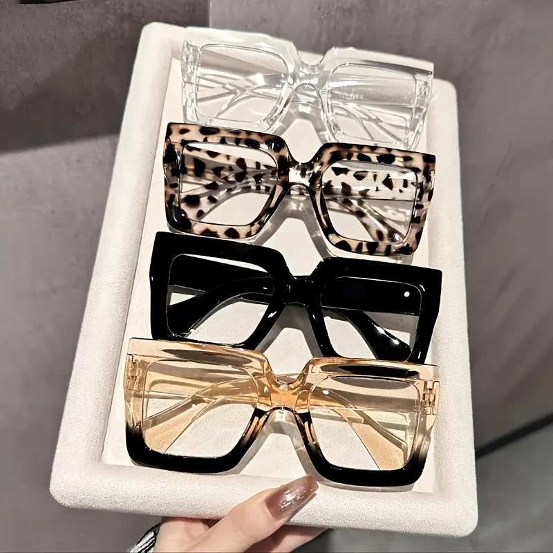 4 Pcs Retro Square Full-Rim Glasses: Polycarbonate Frames & Clear Lenses, Stylish Transparent Eyewear for Office and Daily Wear