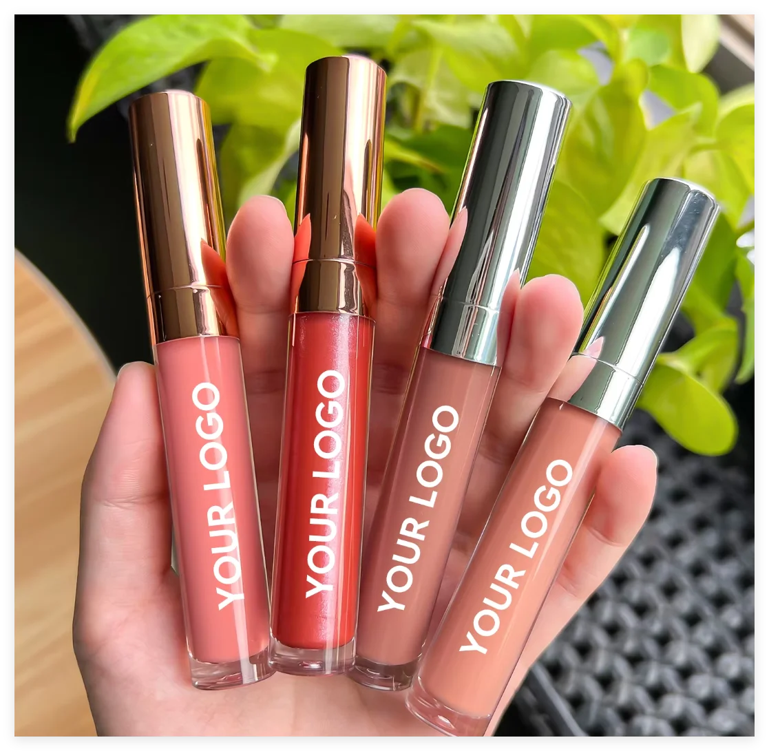 Lip Gloss Customized Logo with Silver Rose Gold Lid Shiny Lip Plumping Wholesale Lipgloss Liquid Lipstick Non-Sticky Waterproof