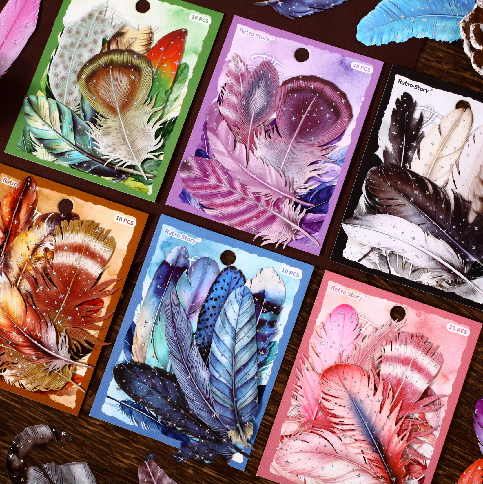 Feather Series Vintage Colorful Feather Landscape Sticker Creative DIY Journal Material Collage Scrapbooking Stationery