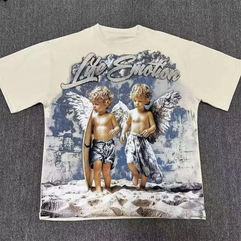 2026 New Street Mix Fashion Angel Print Short-Sleeved Loose Round-Neck T-Shirt, suitable for both men and women