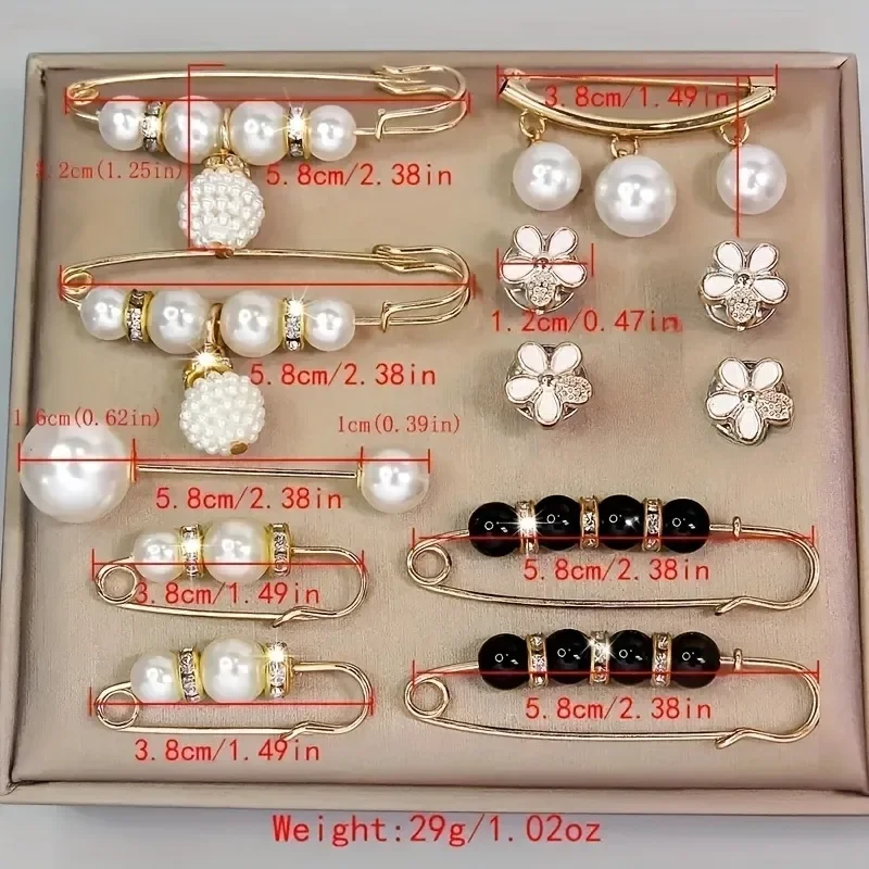 14-teiliges elegantes Broschen-Set mit Kunstperlen, aus Legierung und Kunststoff, unregelmäßige Form, geeignet für Kleider, Hüte, Schals usw. – Detail 4