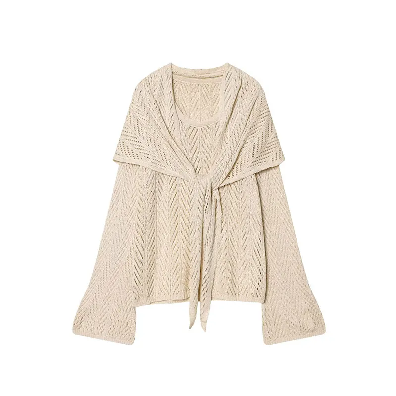 TAFAFXY 2026 Spring Women Sets Long Sleeve O-Neck Shawl Hollow-out Knitted Pullovers Loose Sweaters Midi Skirt Casual Suits image 2