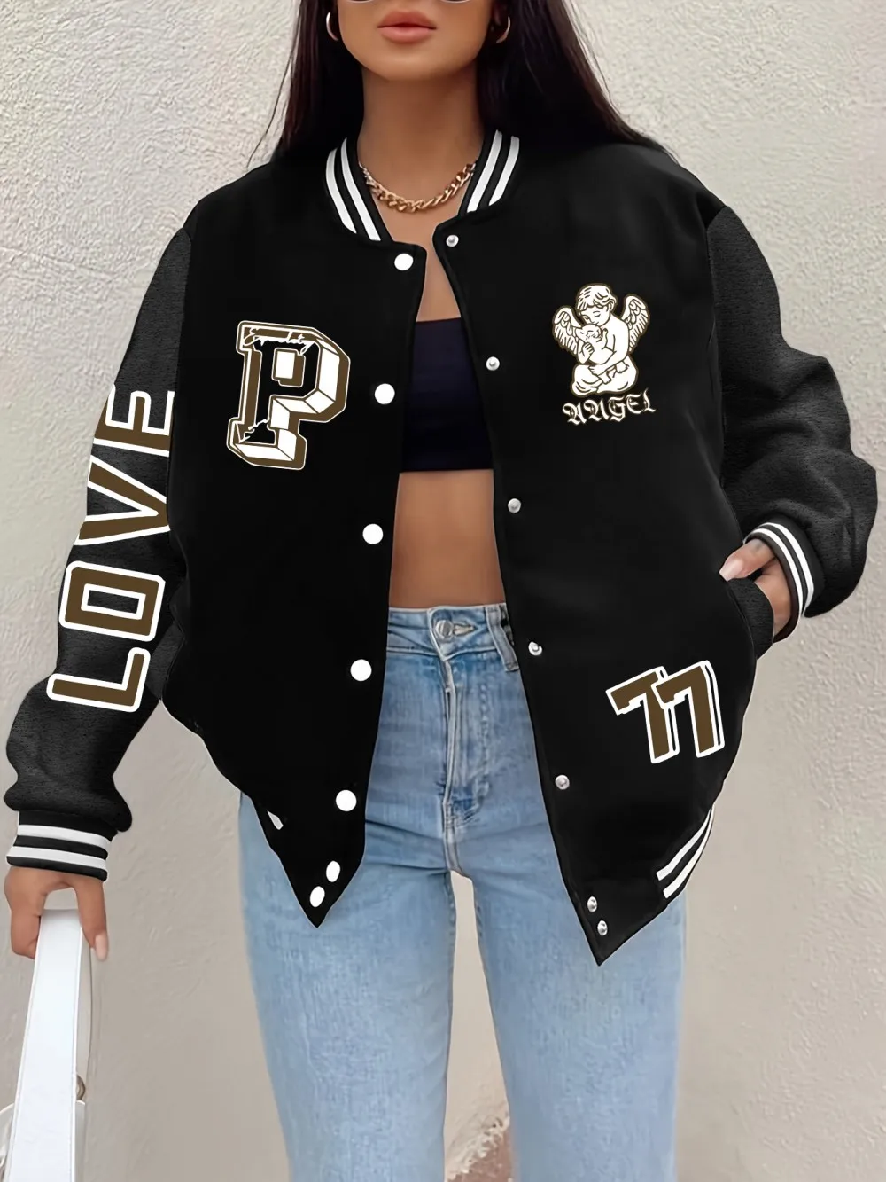 Angel Of Love Printing Baseball Coat Womens Comfortable Loose Jackets Winter Fleece Warm Sportswear Basics Casual Womans Clothes