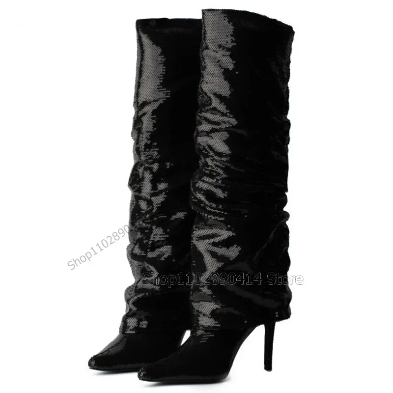 

Black Sequins Turned Over Pointed Toe Boots Slip On Women Shoes Thin High Heels Novel Fashion Banquet 2023 Zapatos Para Mujere