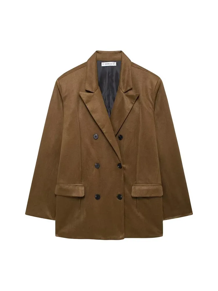 

SIYANG Women Fashion With Pockets Brown Single Breasted Blazer Vintage Notched Neck Long Sleeves Female Chic Lady Outfits