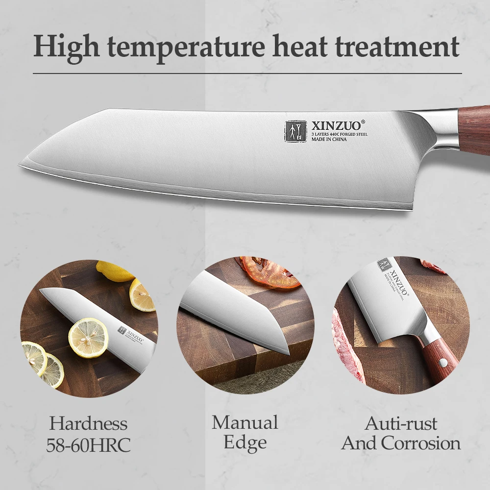 XINZUO High Quality Stainless Steel 7.2\'\' Santoku Knife 3-layers Composite Steel Slicing Chef Kitchen Knives Red Wood Handle