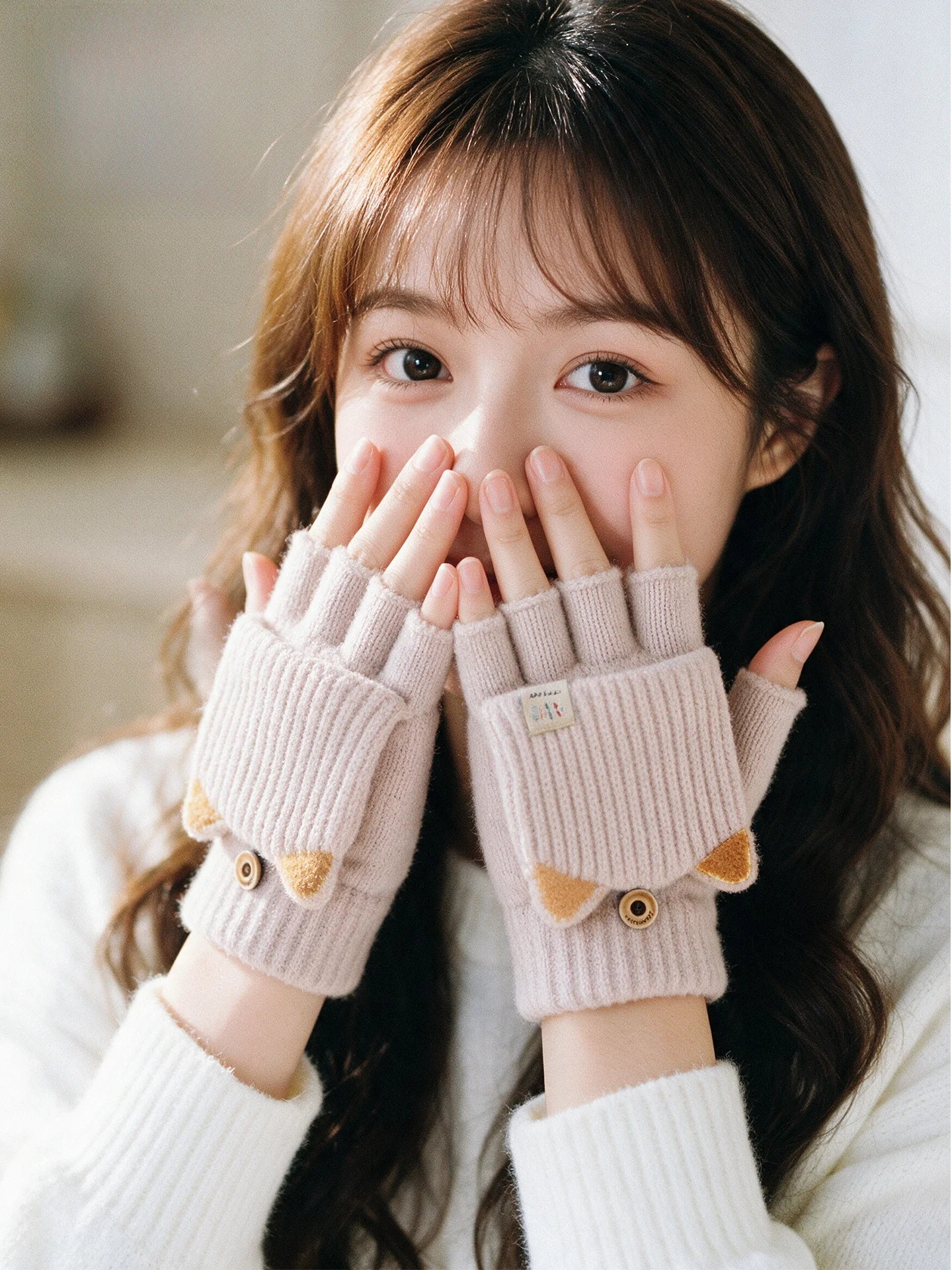 Thickened Fleece Knitted Half Finger Flip Cover Gloves Women Winter Warm Cycling Touch Screen Compatible Student Writing