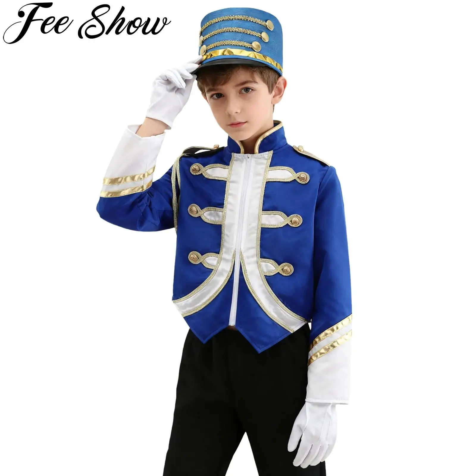 Kids Drum Trumpet Team Honor Guard Uniform Marching Band Parade Performance Outfit Long Sleeve Zipper Jacket with Hat Gloves