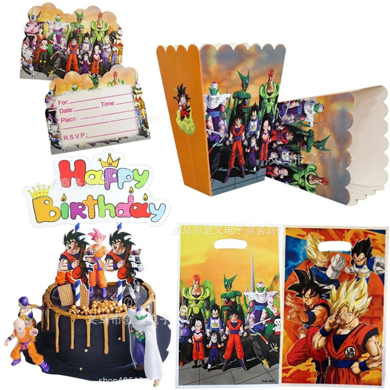 Dragon Ball Son Goku Cake Topper Anime Children Birthday Party Decoration Popcorn Box Party Invitation Card Kids Candy Gift Bags