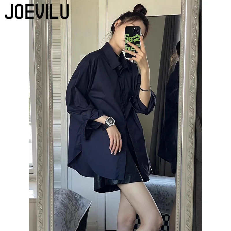 

Casual Loose Shirt Polo Collar Button Long Sleeve Shirt Women Slouchy Hundred Cardigan Side Single Slit Blouse Women's Clothing