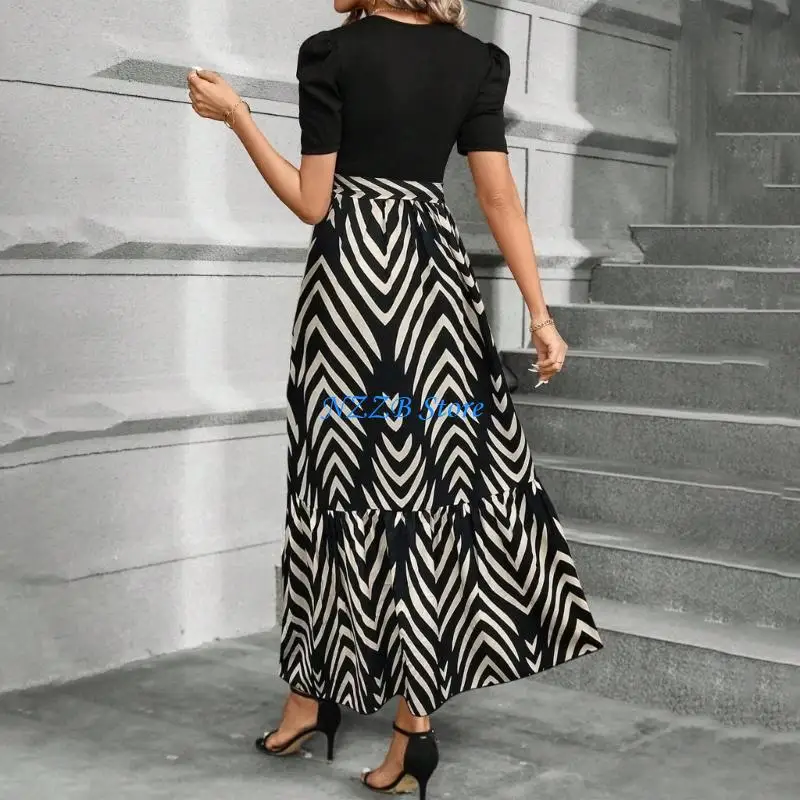 فساتين T21F للنساء فستان طويل كاجوال واسع من الزهور وفساتين شاطئ أنيقة على الخصر