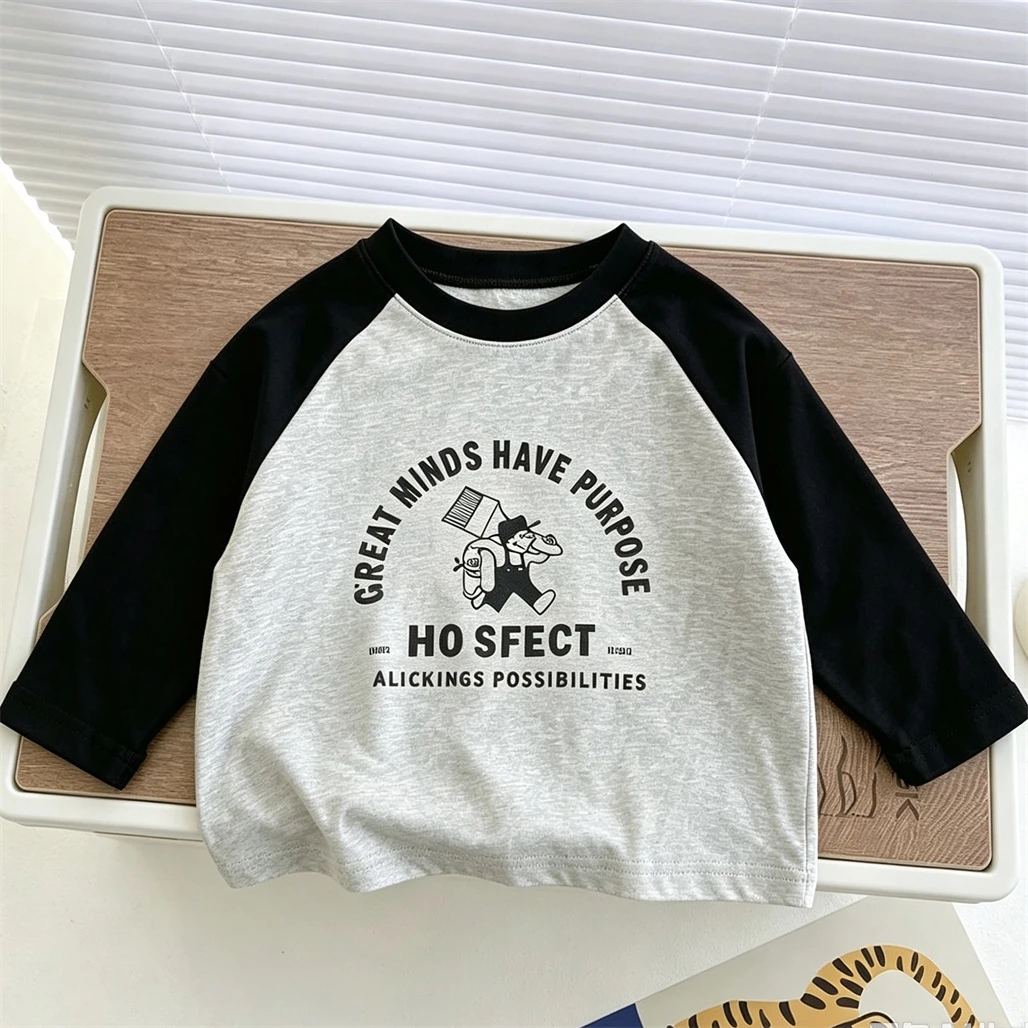 Modisches Raglan-T-Shirt für Jungen und Mädchen, lockere Freizeit-Sport-Shirts, Kinder-Pullover im neuen Design, dünn, mit Cartoon-Druck, langärmelig – Detail 1
