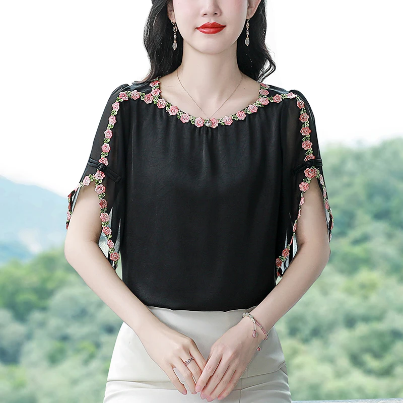 M-4XL Elegant Flower Chiffon Blouse Shirt Korean Fashion Summer embroidery Tops 2024 New Short sleeved Casual Women Clothing