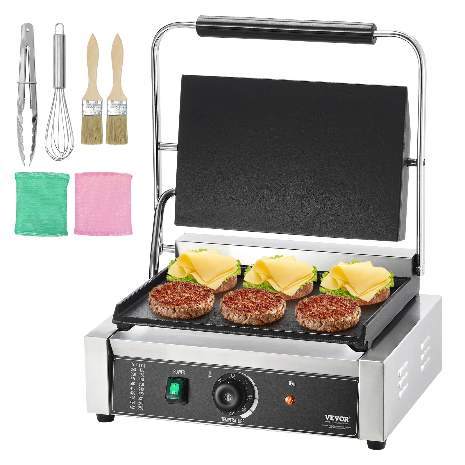 VEVOR 17 In Commercial Panini Grill, Electric Sandwich Panini Maker, Stainless Steel Sandwich Press Grill, with Temp Control