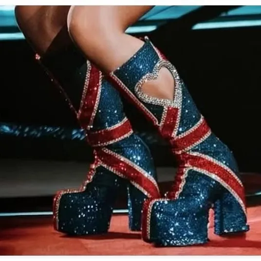 2025 New Red Blue Color Matching Fashion Sexy Style High Heel Boots Hollow Love Round Toe Nightclub Knee High Boots For Women