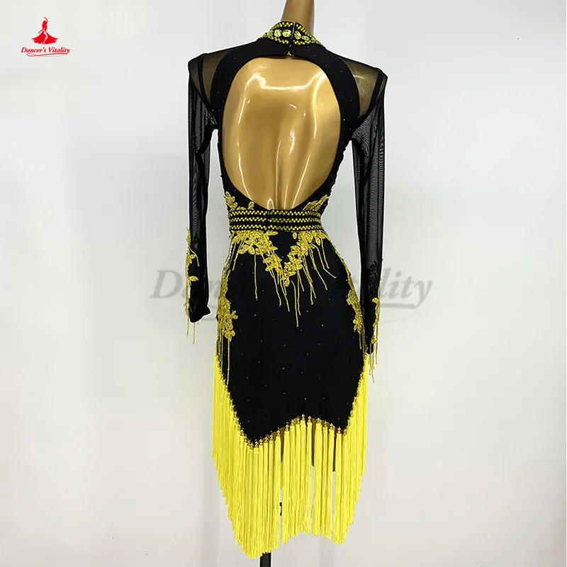 Latin Dance Dress Mesh Long Sleeves Adult Rumba Chacha Tango Competition Skirt Children\'s Latin Dancing Performance Dresses