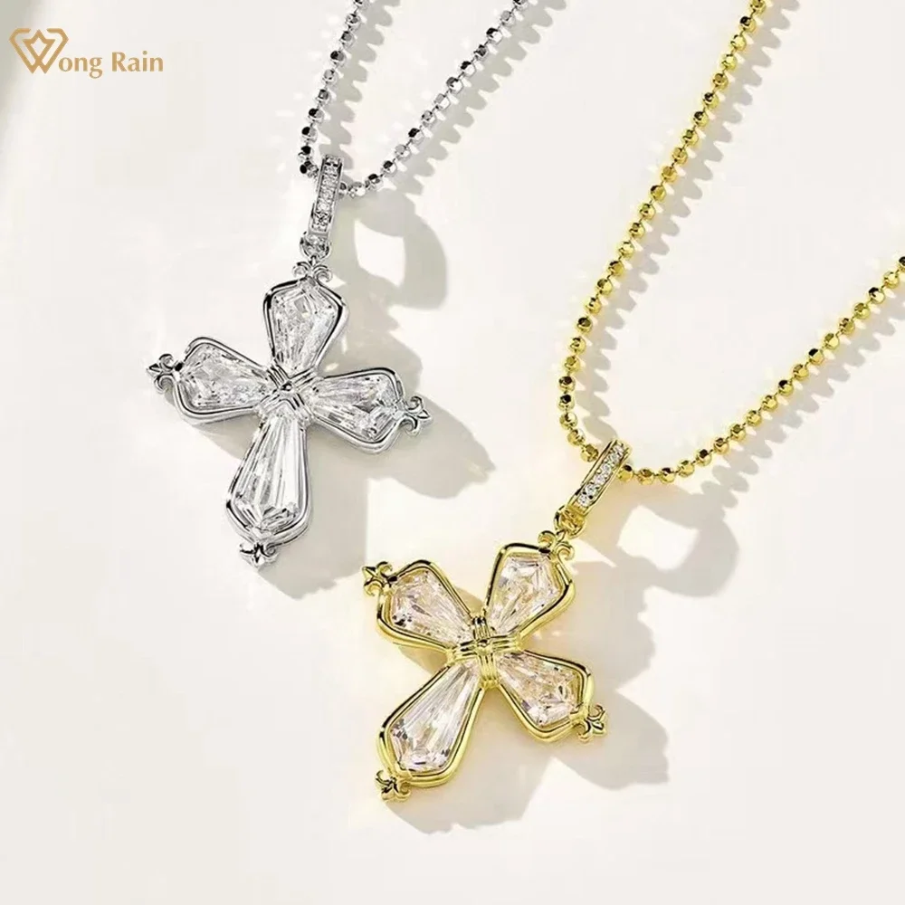 

Wong Rain 18K Gold Plated 925 Sterling Silver Sparkling High Carbon Diamond Gemstone Cross Pendant Necklace Fine Jewelry Gifts