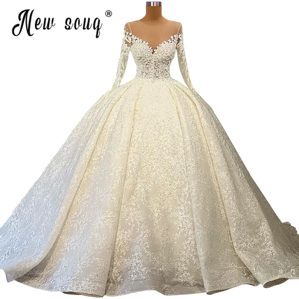 Wunderschöne Ballkleid Spitze Hochzeit Kleid Langarm Ballkleid Brautkleider Dubai Appliques Perlen Prinzessin Vestido De Novia