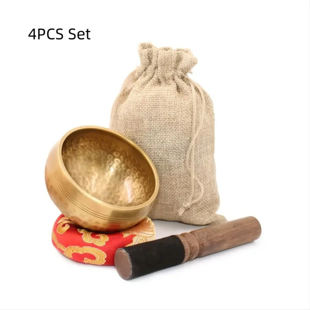 4Pcs Tibetan Singing Bowl Set Nepal Brass Meditation Sound Bowl with Wooden Mallet Cushion Storage Bag for Yoga Healing Relaxati