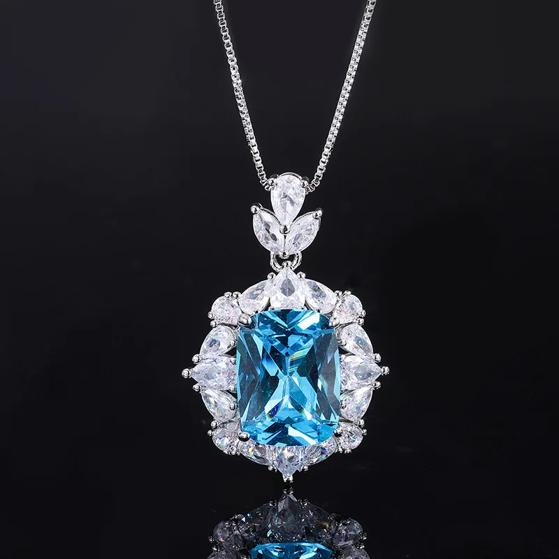 European and American vintage topaz blue pendant ring, hand-set with diamonds, women's wholesale, main stone 12*16