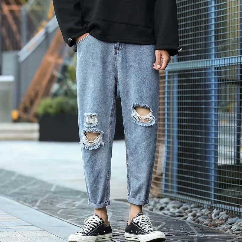 Street Style American Ripped Jeans Men's Loose Straight Leg Slim Fit Nine Point Pauper Pants Casual Summer Jeans for Teens