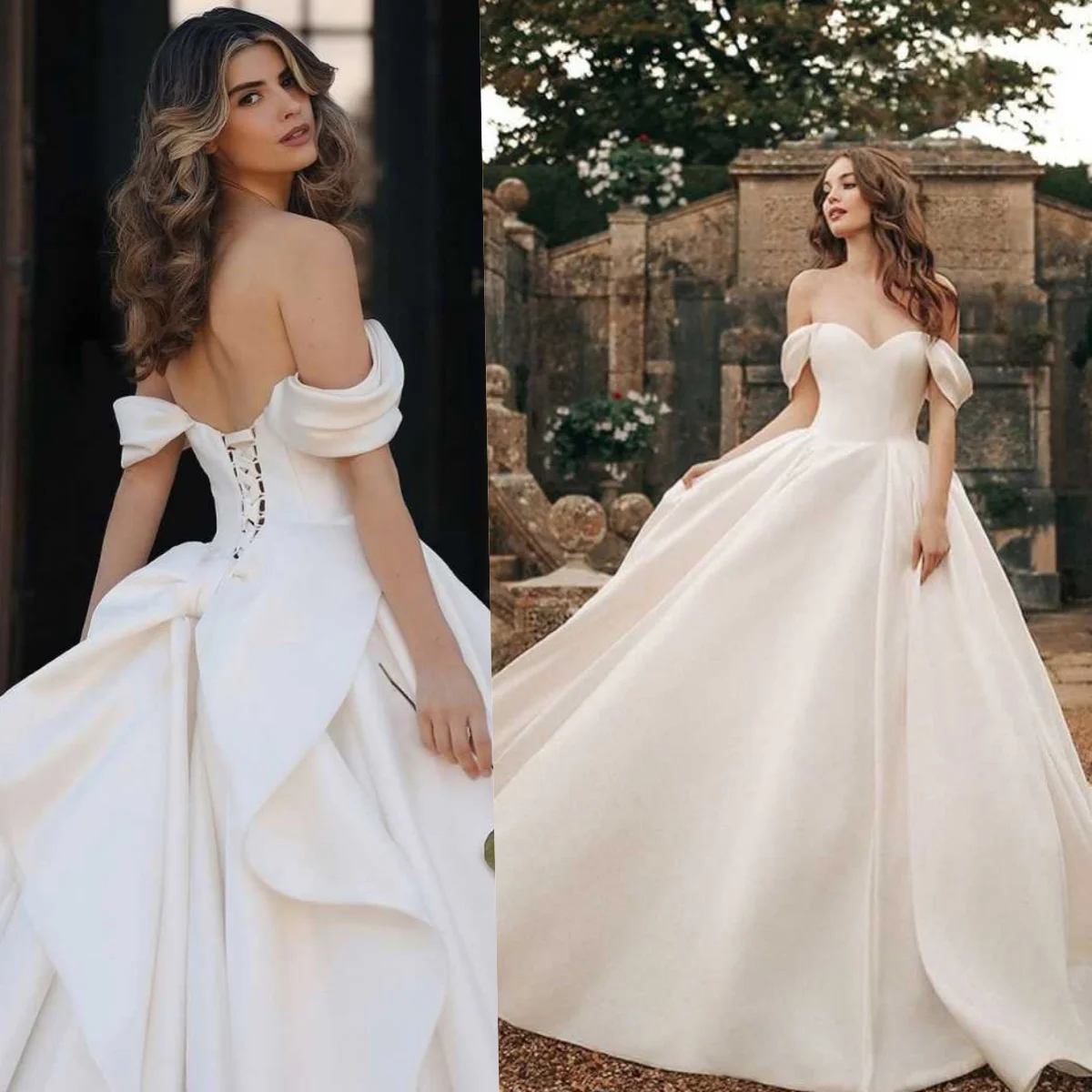 

Elegant A line Wedding Dresses Off Shoulder Cathedral Length Bridal Dresses Lace Edge Marriage Gowns Customized Dresses