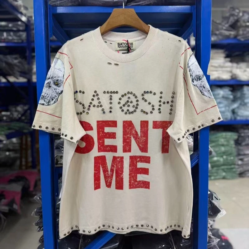 Oversized Satoshi Nakamoto Studded Logo Shirts Men Women High Quality Destroyed Washed White Short Sleeve T Shirts