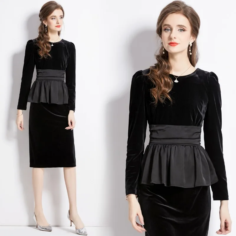 Elegant Office Work Style Black Canary Autumn Dress Delicate Garden Collar Suit Skirt