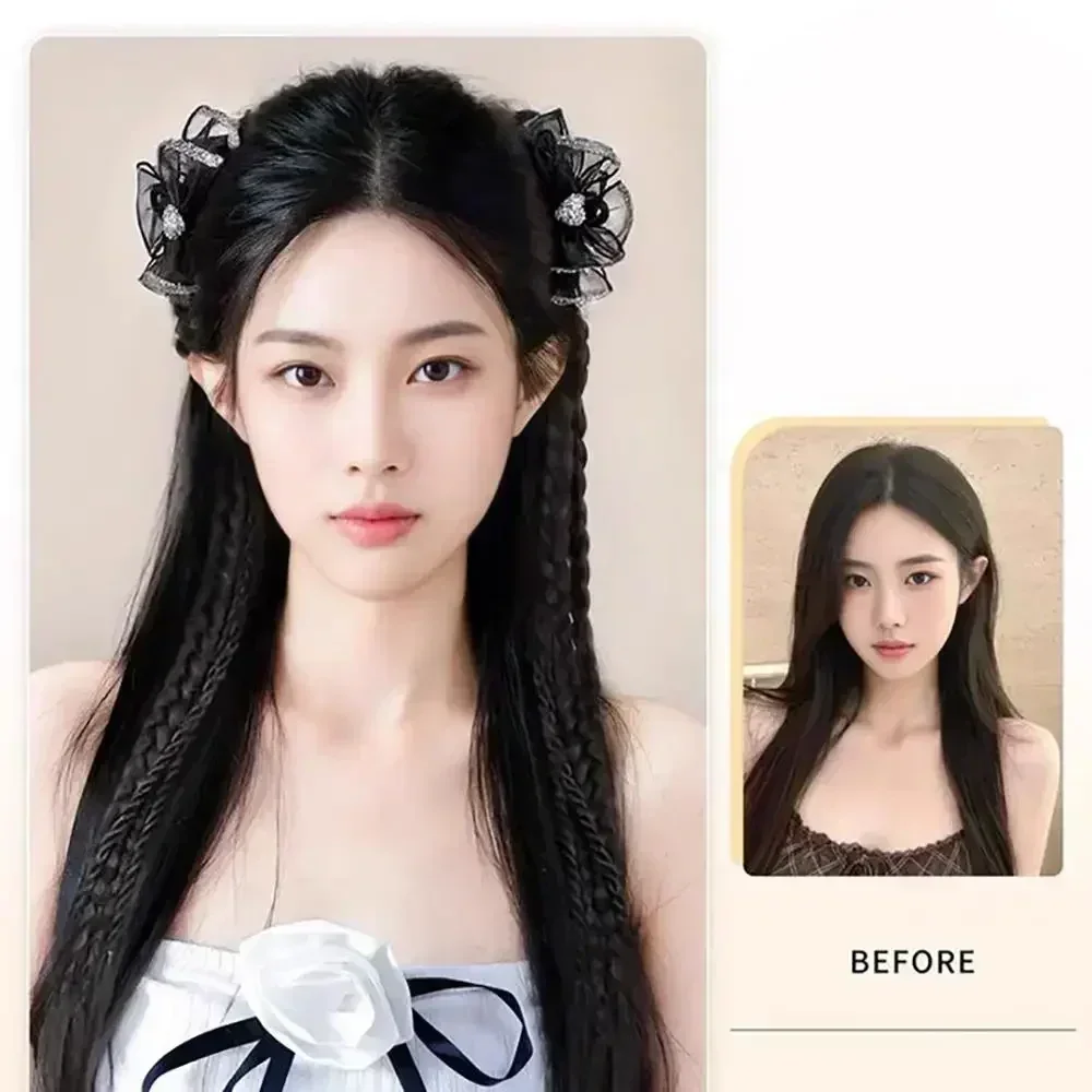 Y2K Parrucca sintetica intrecciata intrecciata con fiocco per ragazze Simulazione doppia coda di cavallo Estensioni da donna