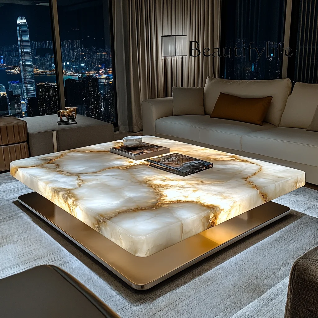 

Square luminous jade coffee table living room high-end marble household light luxury minimalist luxury stone