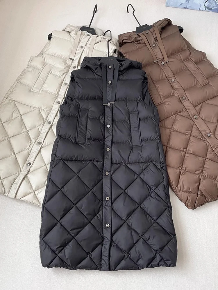 Luxury Women\'s Long down jacket Sleeveless vest Warm 2024 Fall winter Fashion Quilted Hooded puffer coat clothing INKEO 3O313