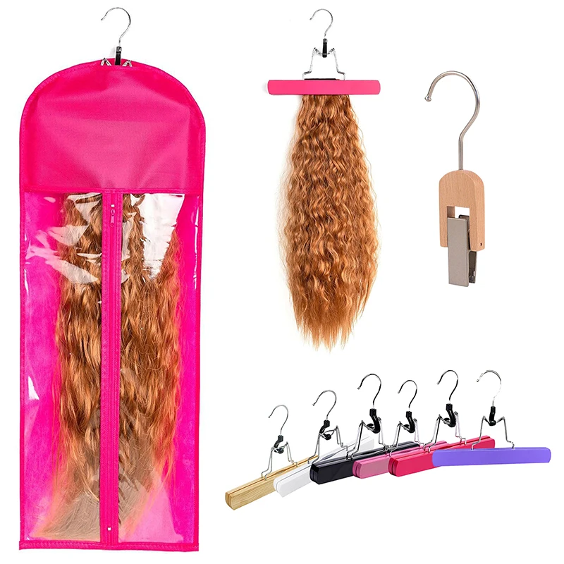 

Solid Wood Wig Clip Portable Wig Bag Hanger Storage Pack Holder For Virgin Hair Weft Clip In Hair Extension Carrier