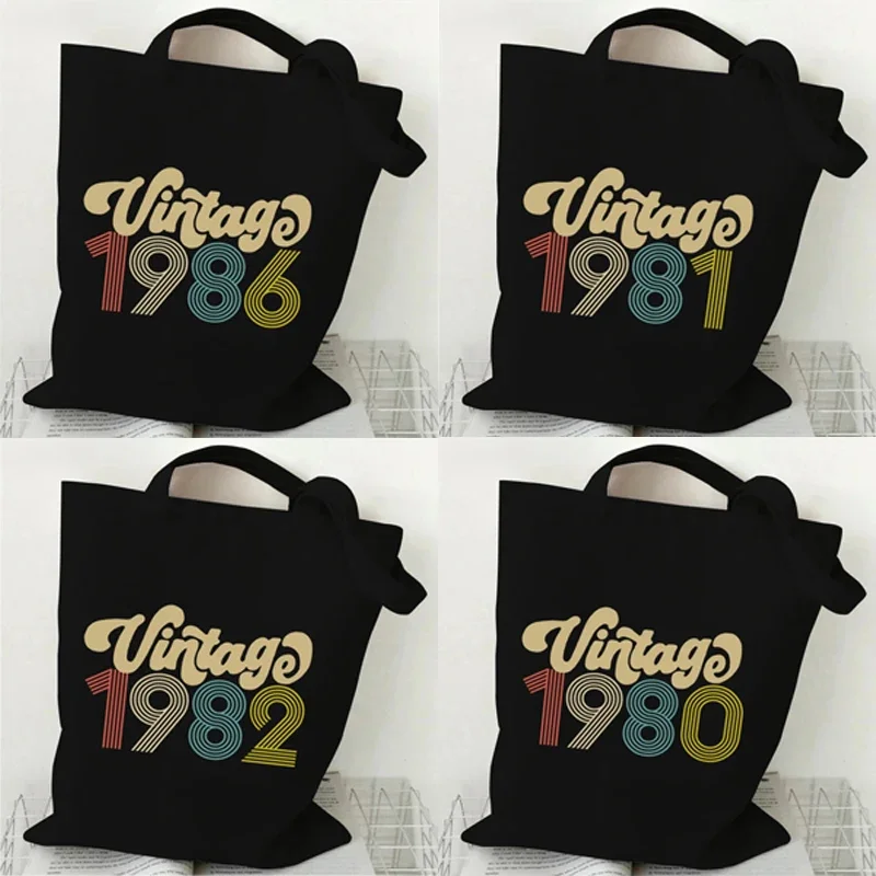 1987 Digital Graphics Handbags Vintage Black Canvas Bag Eco Friendly Foldable Shopping Bag Organizer Large Capacity Shoulder Bag