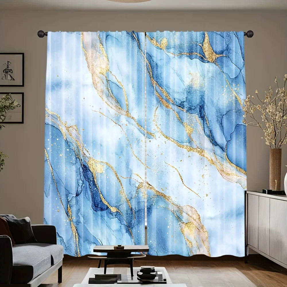 2pc Gold and blue marble pattern curtains, polyester fabric, machine washable, suitable for bedroom living room decoration