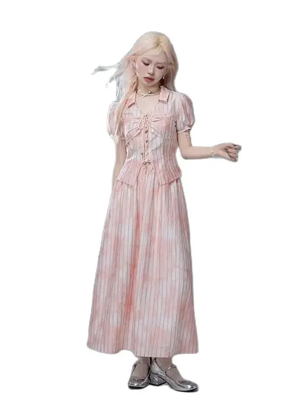Korea Summer Pink Midi Elegant Shirt Skirt Women Ruffles V Neck Lantern Sleeve Fashionable Korean Drama Heroine Girl Group