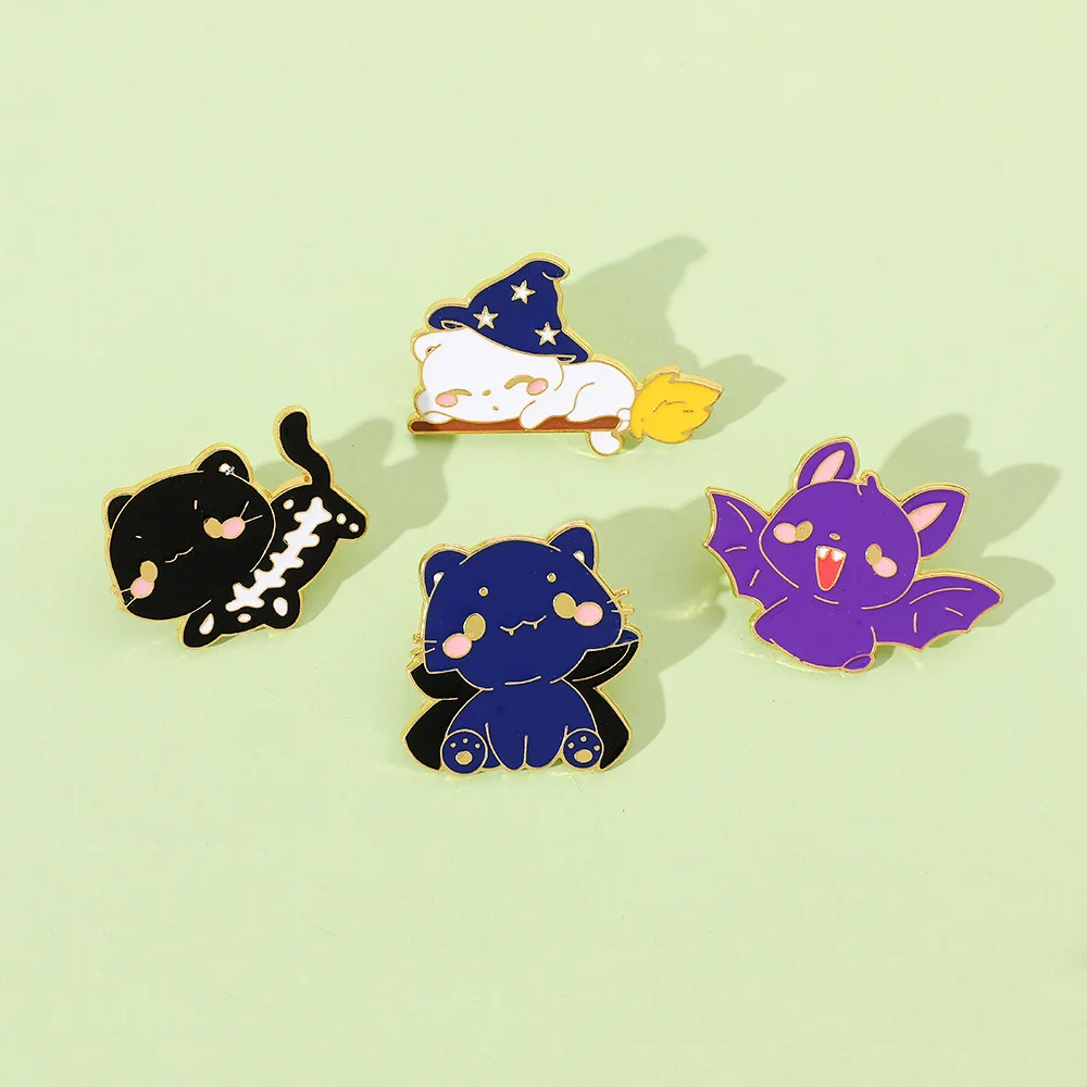 1 Set Halloween Cartoon Funny Little Cat Brooch Little Bat Cat Magic Hat Cat Riding Broom Alloy Cute Badge Accessory