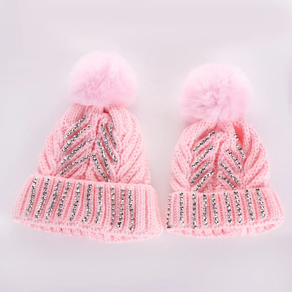 

Famliy Matching Hats 2Pcs/Set Mother Kids Baby Child Warm Winter Knit Beanie Fur Pom Hat Crochet Ski Cap Diamonds Soft Solid Hat