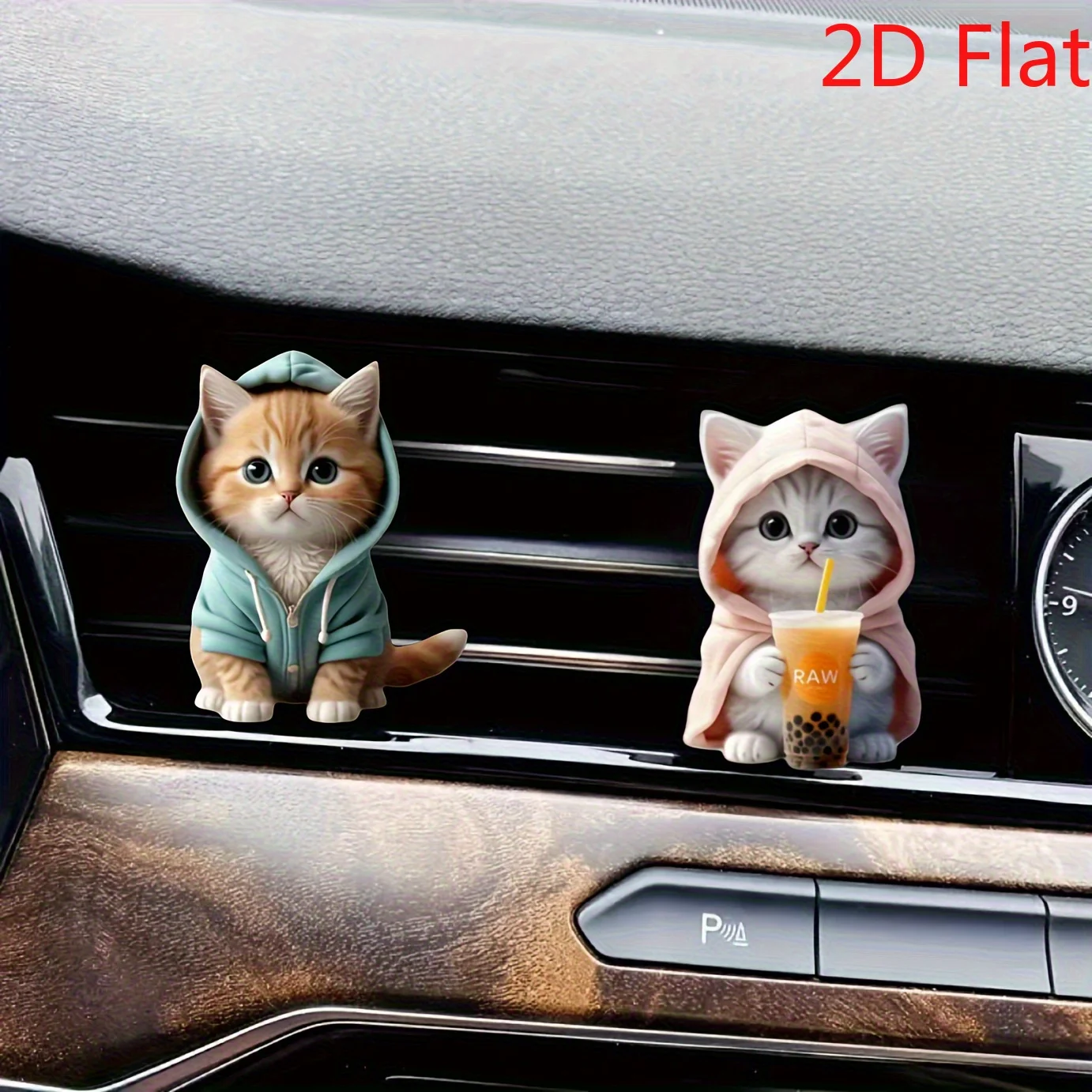 

2d flat 2PCS Car Interior Accessories Cute Cat Drinking Beverage Boba Tea Kitten Acrylic Car Air Freshener Set