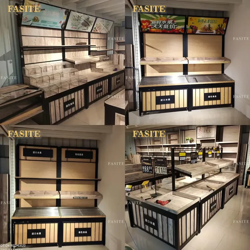 For Supermarket Steel and Wood Removable Fruit and Vegetable Shelves Multi Layer Fresh Produce Display Rack Durable Storage