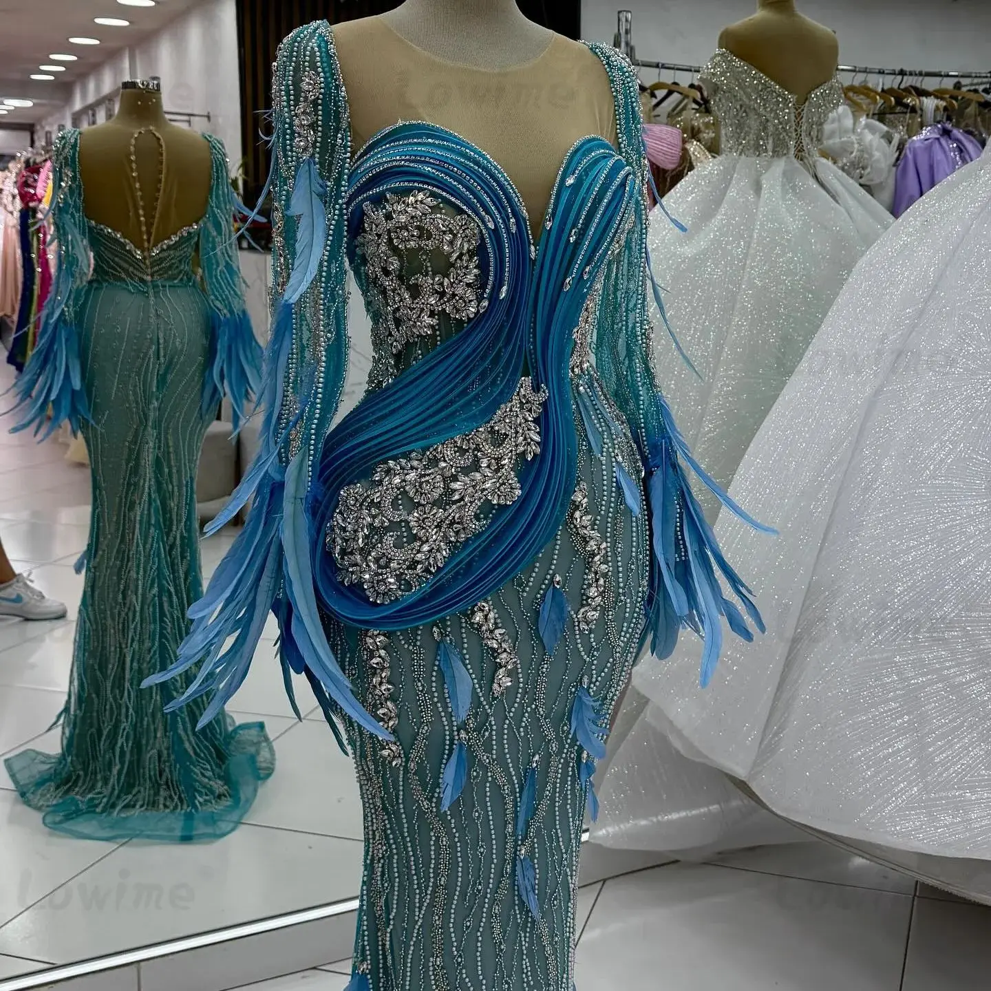 

Вечернее платье с перьями и длинными рукавами, индивидуальные вечерние платья русалки с кристаллами и бисером, Vestidos Gala, роскошные платья знаменитостей 2026