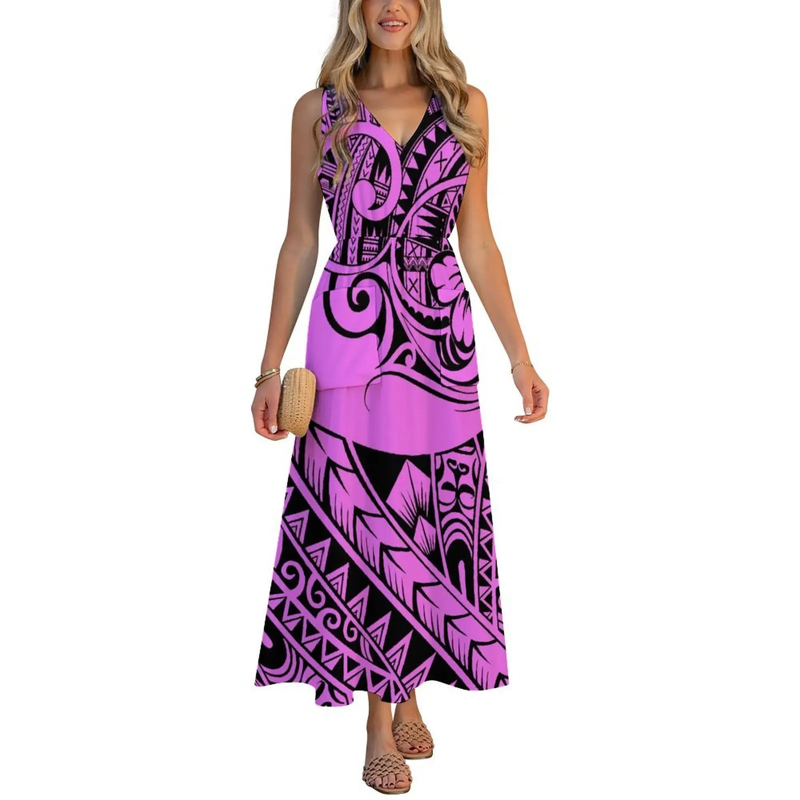 

Летнее элегантное изысканное высококачественное банкетное платье без рукавов с v-образным вырезом, полинезийское женское платье с цветочным принтом на заказ