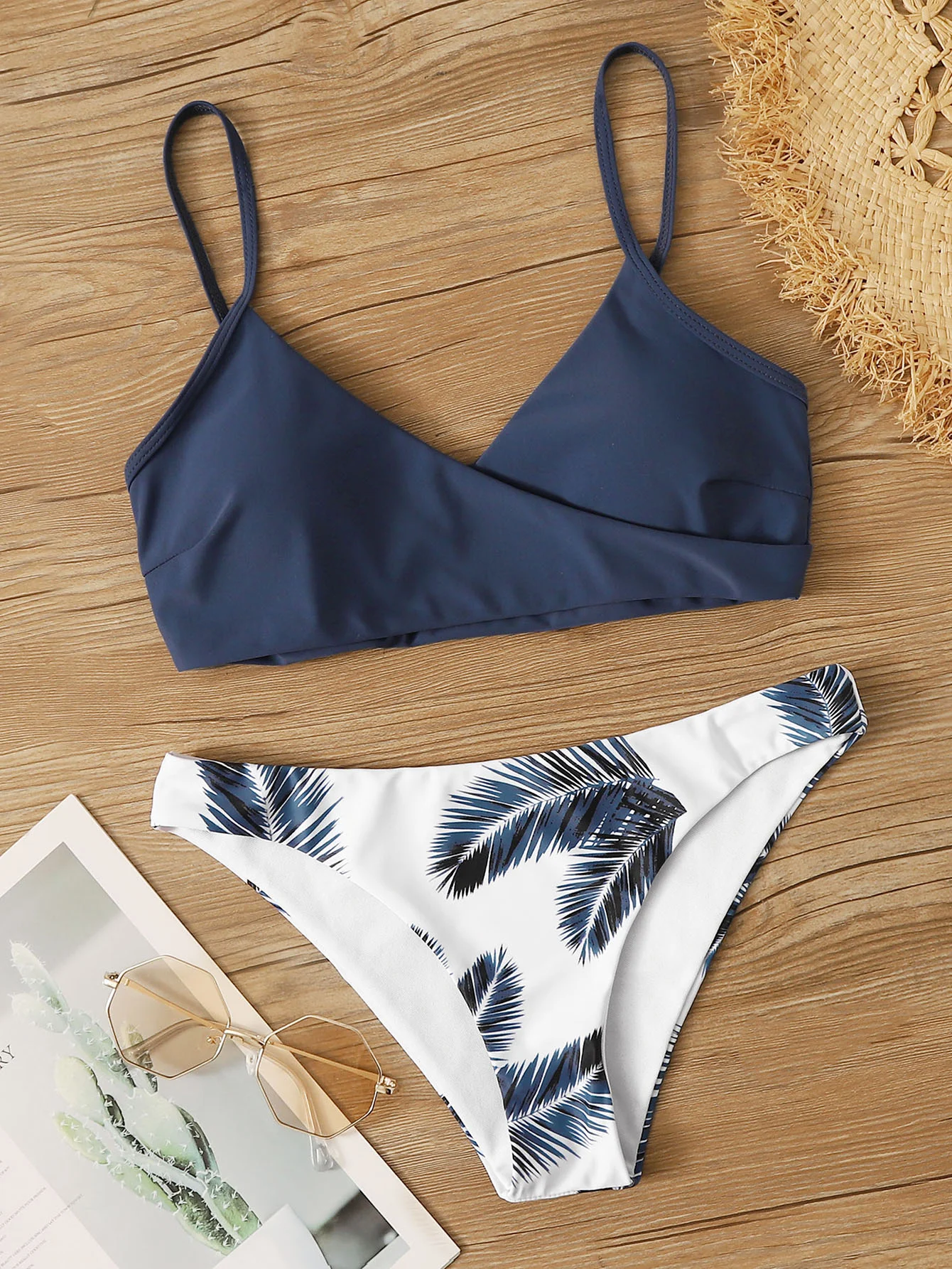 Women's Wrap V Neck Bikini Set - Solid Top & Tropical Palm Print Bottom, Spaghetti Straps High Cut Two Piece Swimsuit for Beach