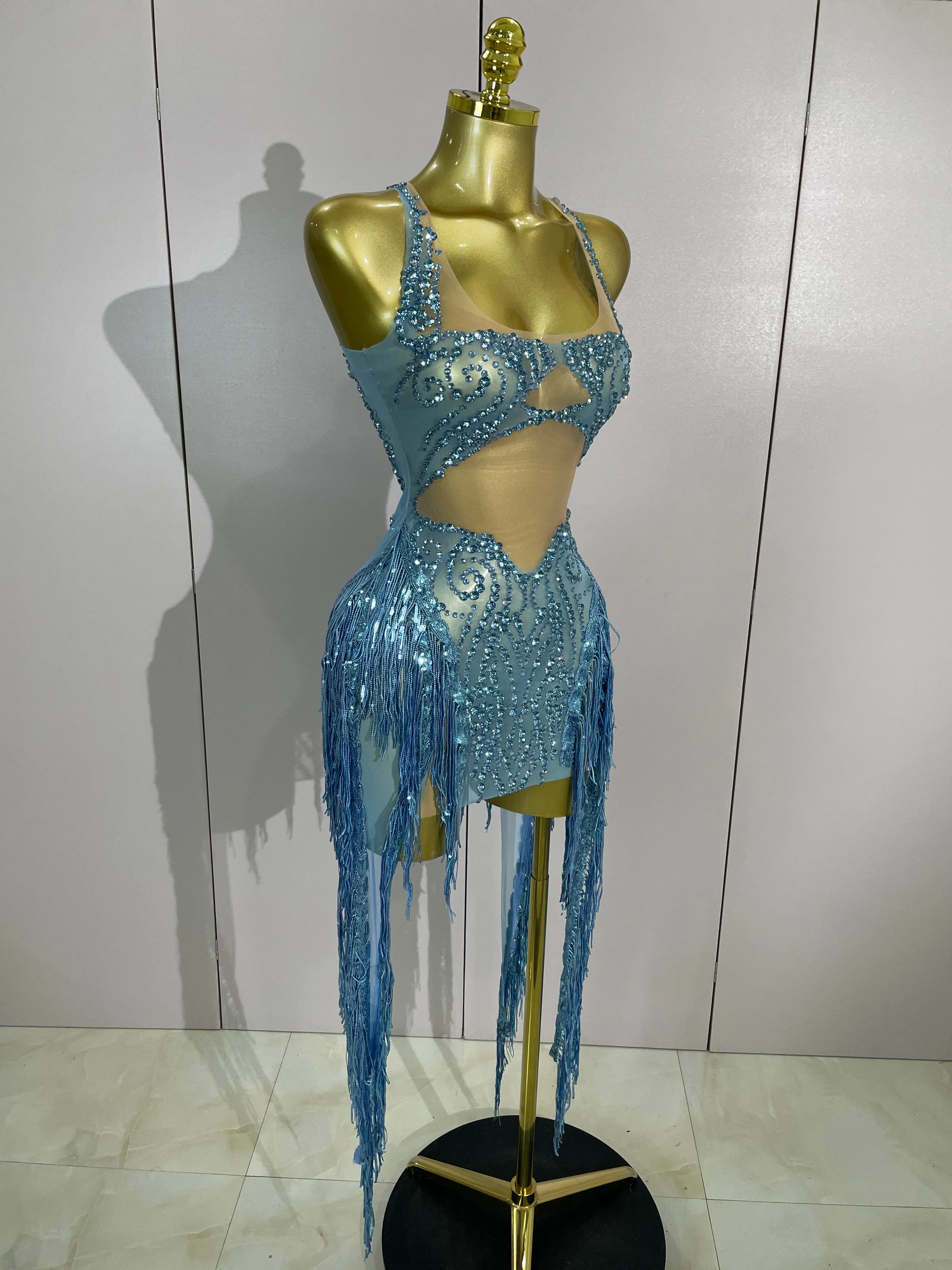 Women Blue Mesh See-Through Mini Dress Sexy Sparkly Rhinestone Tassel Latin Dance Outfits Bar Nightclub Party Club Stage Costume