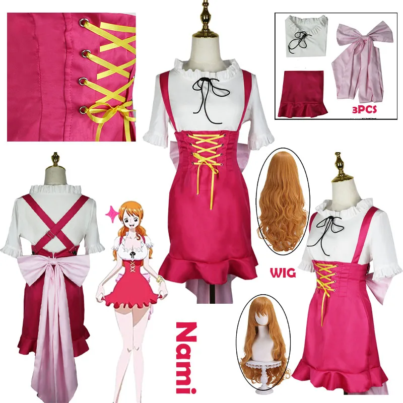Disfraz adorable de Anime Nami para mujer, conjunto de top, falda y lazo para cosplay, ideal para fiestas y juegos de rol.