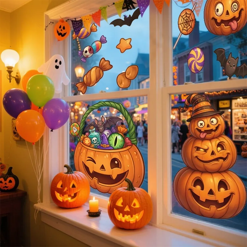 6 Sheets Halloween Candy Ghost Pumpkin Balloon Window Clings, Cartoon Static Glass Stickers for Showcase Window Decor