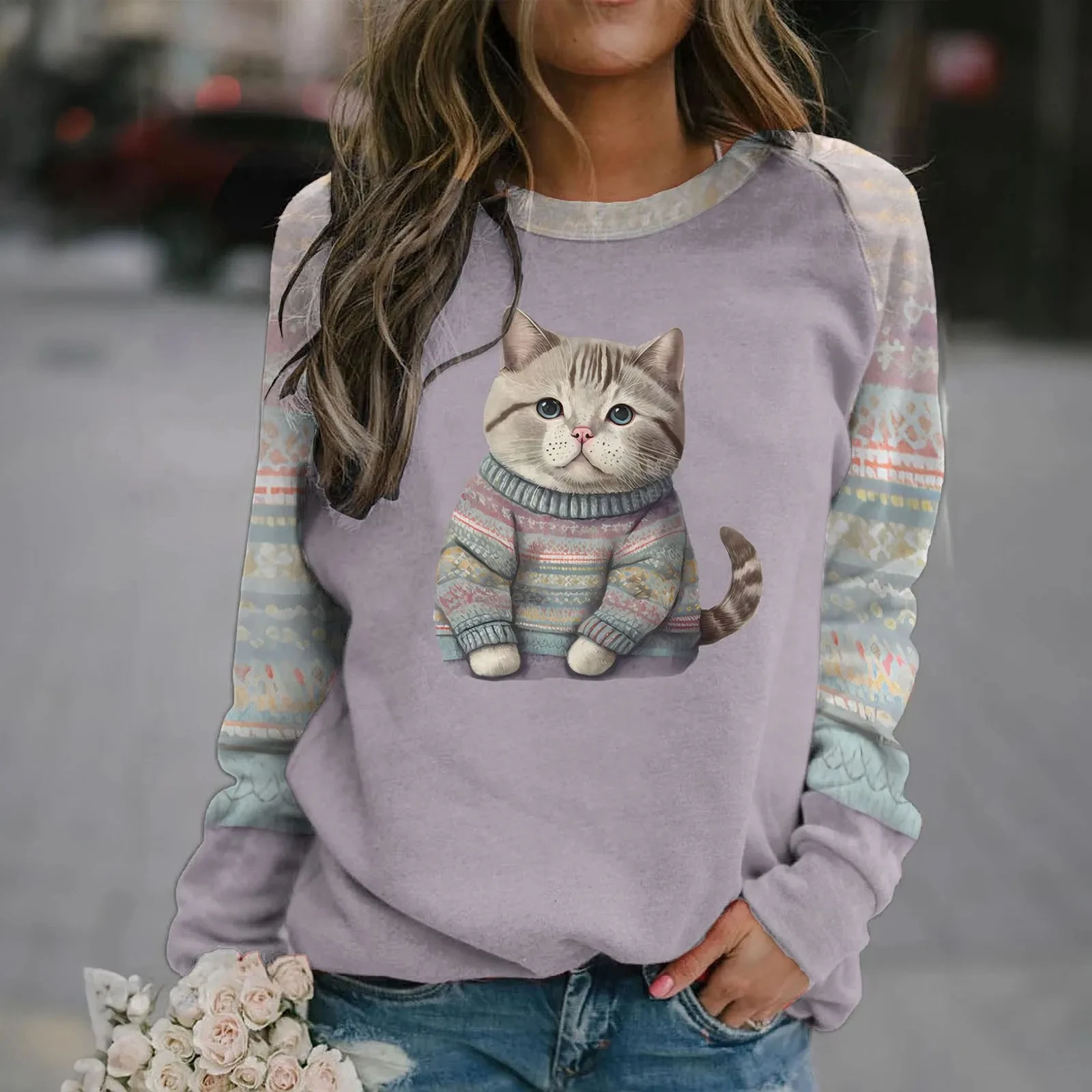 T-shirt a maniche lunghe in cotone per donna Divertenti felpe con stampa di animali gatto Kawaii Felpa da donna con pullover con o-collo carino