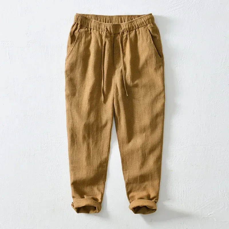 

Summer Cotton Linen Pants Men Beach Pants Man Casual Drawstring Elastic Waist Nine Point Pants Baggy Pants Breathable Trousers