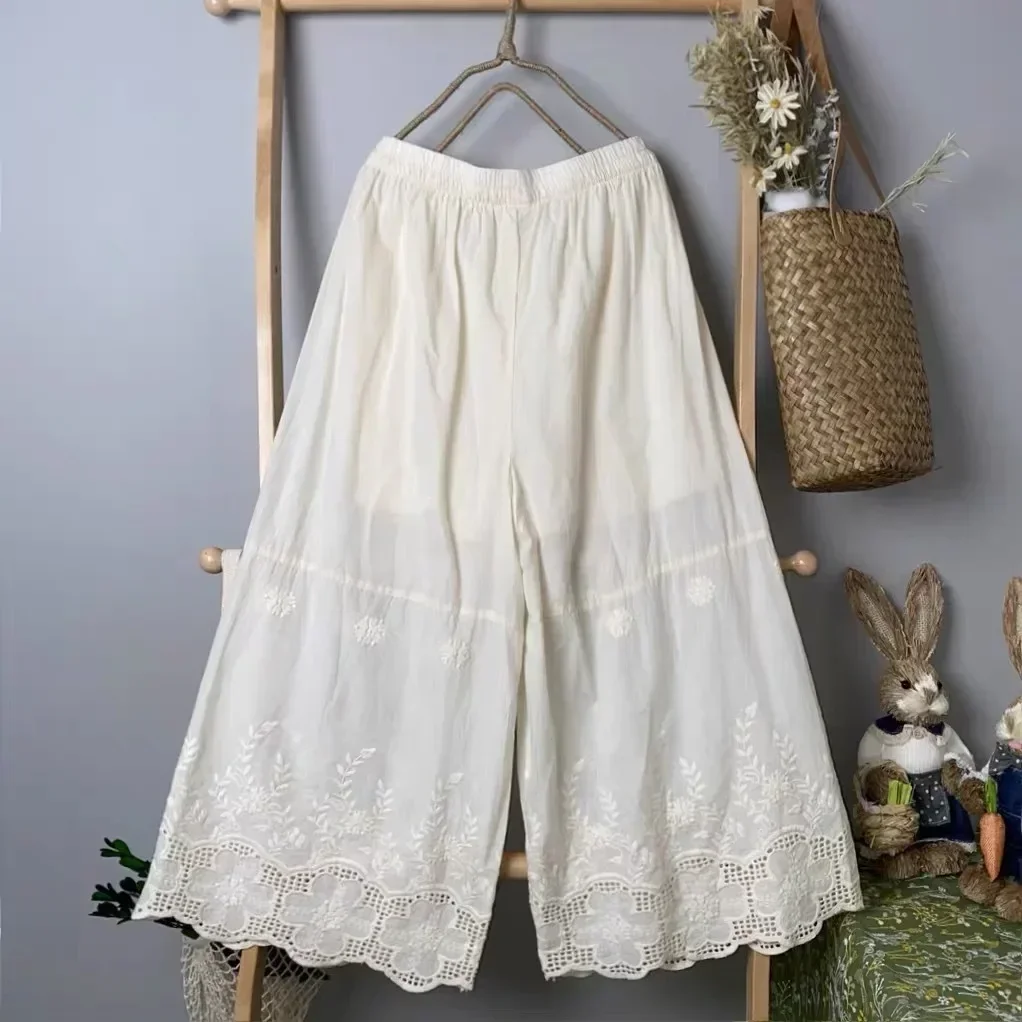 Female Vintage Sweet Floral Embroidery Eyelet Lace Wide Leg Pants Women Mori Girl Retro Victorian Prairie Chic Calf-length Pants